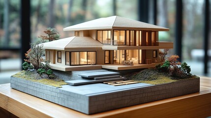 Poster - Detailed model of a house displayed on a wooden table with natural lighting and a minimalist background