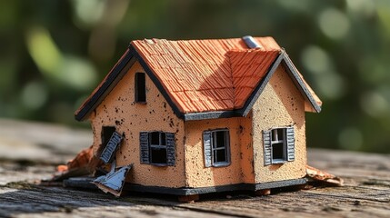 Poster - Small house model displayed on a wooden table in a well-lit room for decorative purposes