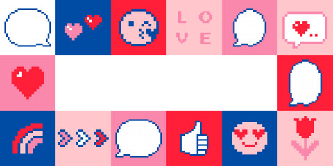 Poster - Abstract Happy Valentines Day template for poster, banner, cover, header. Mosaic minimal love design in pixel art style. Vector illustration with hearts, speech bubble and y2k game abstract elements