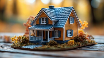 Poster - Miniature house model placed on a wooden tabletop with natural lighting and a simple background