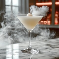 Poster - Elegant martini glass with a translucent, milky white cocktail and a single lychee garnish, with wisps of dry ice smoke curling around the base of the glass.