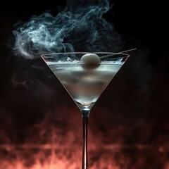 Poster - Elegant martini glass with a translucent, milky white cocktail and a single lychee garnish, with wisps of dry ice smoke curling around the base of the glass.