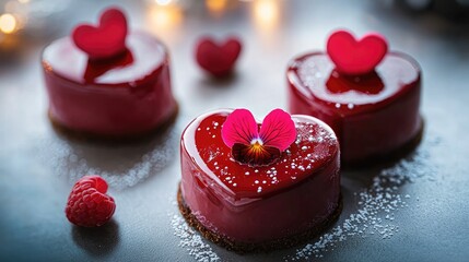 Poster - Red color heart shaped cakes with flowers. Valentine's day dessert concept.