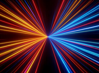 Wall Mural - vibrant multicolored neon lines converge at a central point, radiating outwards against a black back