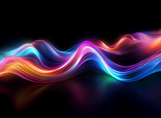 Fototapete - Vibrant, neon-colored waves flow and ripple across a dark background, creating a mesmerizing, abstract design with reflective surfaces.