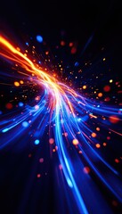 Poster - Dynamic neon light streaks in motion with vibrant blue and orange sparks