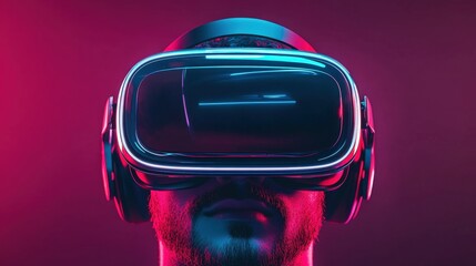 Poster - Man using virtual reality headset engaged in immersive digital experience at home or office