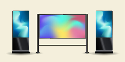 Aufkleber - Three different styles of Large LED Screen Mock up with black realistic stand for outdoor and indoor street LED screen Mock up vector design. The TV LED monitor.