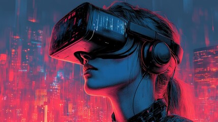 Poster - Woman using virtual reality headset in modern indoor setting engaged with digital experience
