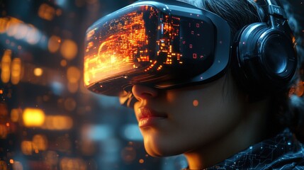 Poster - Woman wearing virtual reality headset engaged in immersive digital experience at home or office