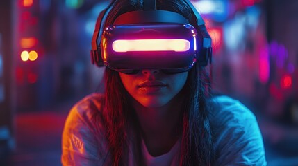 Poster - Woman engaged in virtual reality experience with headset and controller in modern indoor environment