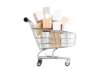 Black Friday sale. Shopping cart with product box on flat background	