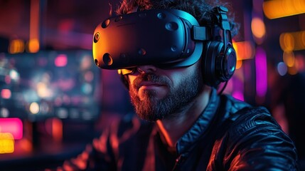 Poster - Man wearing virtual reality headset engaged in immersive digital experience indoors