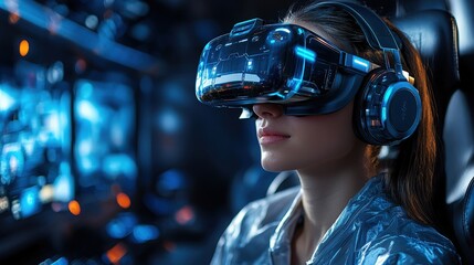 Poster - Woman using virtual reality headset exploring digital environment in indoor setting
