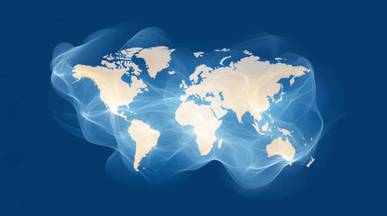 glowing global map with light swirls on blue background