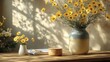 © Tatiana Vagizova - Minimalistic Scandinavian Home Interior with Yellow Wildflowers in Ceramic Vases. Generative AI