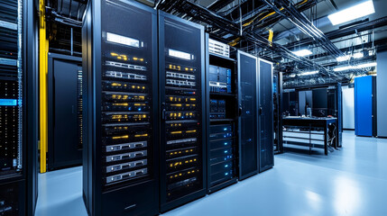 Data center room with server racks, computer monitors on desk and chair. Vector cartoon interior of information storage office with control panel, hardware for network and hosting service