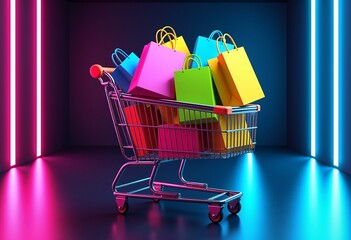 Poster - Vibrant Neon Shopping Cart, 3D Render, Glowing Bags in Pinks, Blues, Greens, Dark Background, Neon Reflections, Modern High-Energy, Dynamic Design, Futuristic Vibe, Shopping Concept.
