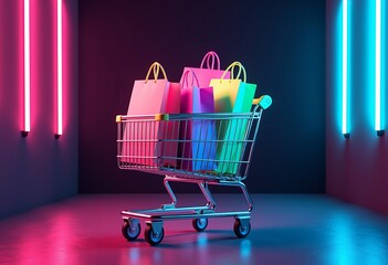 Poster - 3D Shopping Cart with Neon Bags, Glowing Pinks Blues Greens, Dark Background Reflections, Dynamic Render, Modern High-Energy, Futuristic Shopping Vibe, Vibrant Colors, Digital Art.
