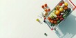 © lareyna - shopping cart with assorted groceries, overhead view, white background, minimal design