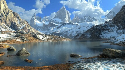 Wall Mural - Serene alpine lake, snow-capped peaks, autumnal foreground, travel brochure
