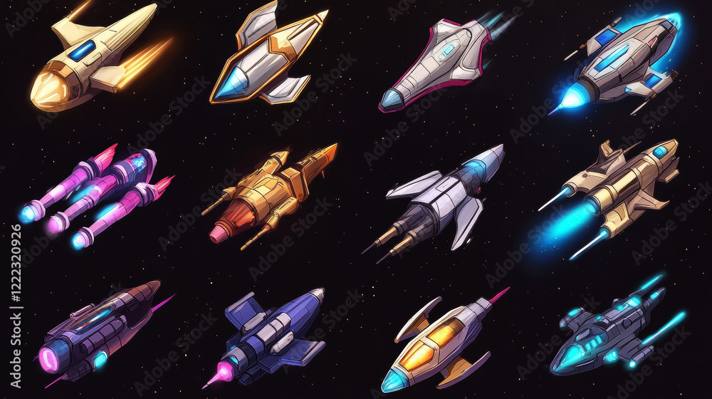 Spaceship and alien ufo ui game vector cartoon set. Fantasy galaxy icon ...