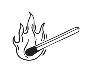 Burning match hand drawn doodle icon, simple line match drawing sketch, design outline element.