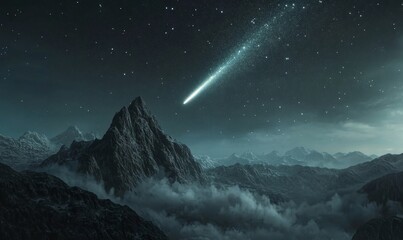 Wall Mural - Gleaming Comet Soaring Through Starry Night Sky Over Majestic Mountain Range and Cloudscape, Concept of Celestial Wonders and Cosmic Phenomena, Generative AI