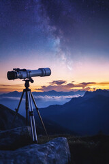 Telescope silhouette on tripod against starry night sky on mountain peak. Astronomy and stargazing in nature
