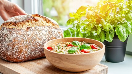 Wall Mural - Freshly Baked Bread Next to Delicious Bowl of Soup with Basil on Wooden Cutting Board