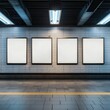 © Alena - Mockup of four blank posters displayed on subway station wall. Empty white billboard template