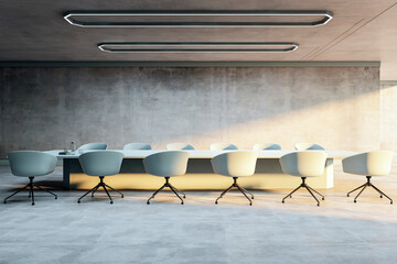 Poster - modern conference room with a long desk and chairs in a spacious concrete loft-style office interior