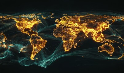 Wall Mural - global shipping network map with highlighted trade routes and connections, illuminated world map sho