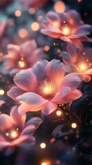 Wall Mural - enchanting close-up of glowing pink flowers in a fantasy setting with magical blooming effect and il