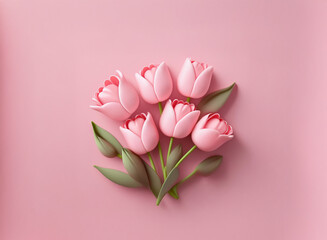 Wall Mural - A delightful cluster of five pink tulips arranged on a pink background.  The soft, pastel hues create a serene and delicate image.