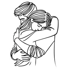 Wall Mural - Hugs of a young boy and girl continuous one line drawing