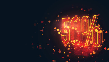 Aufkleber - 50 percent glowing discount text in neon orange on a black background with bokeh effect and abstract light particles. Perfect for promotions. 3D Rendering