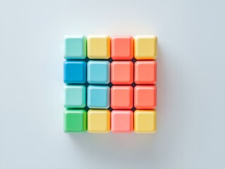 Fototapete - colorful blocks forming a small cube, pastel hues, 3d rendering, white background