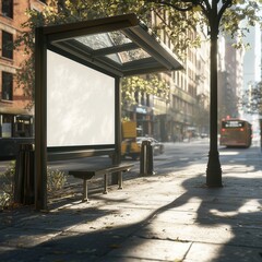 Wall Mural - Blank bus stop advertising billboard mockup, sunny day in big city, urban street vibes atmosphere. White banner at bus stop for ad, empty copy space template.	