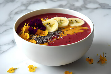 A vibrant red smoothie bowl topped with sliced banana, chia seeds, and edible flowers. Perfect for healthy eating, vegetarianism, and culinary themes