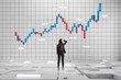 © Who is Danny - Businesswoman analyzing financial chart with candlestick patterns on grid wall.