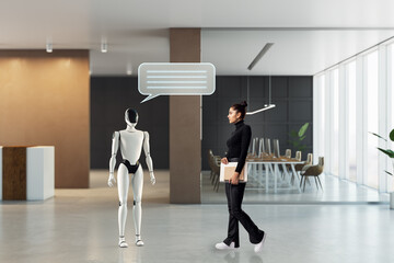 Poster - Interaction between a futuristic robot and a woman holding a notepad in a modern office space.