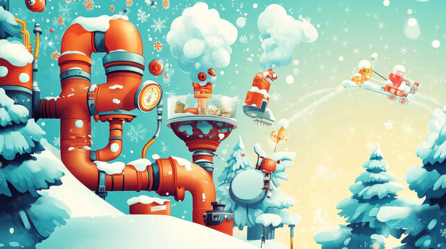 Happy New Year 2021 greeting card with Cartoon Water pipe industrial Font with Plumbing service flat illustrations.