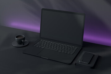 Poster - Blank laptop screen with smartphone and coffee cup on a black desk, purple light in the background, modern workspace design. 3D Rendering