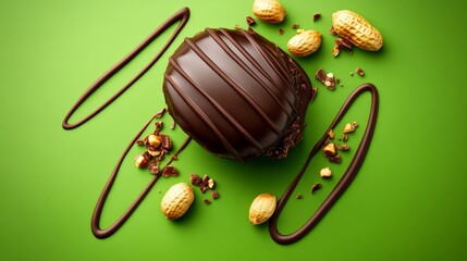 Wall Mural - Chocolate covered cookie with a chocolate drizzle and peanuts on top. Concept of indulgence and decadence, as the rich chocolate and crunchy peanuts create a delicious and satisfying treat