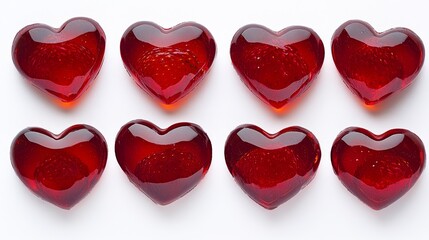 Poster - Row of red hearts are lined up on a white background. The hearts are all the same size and shape, and they are all facing the same direction. Concept of unity and harmony