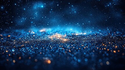 Poster - Starlit cosmic landscape filled with shimmering blue and orange particles on a deep dark background