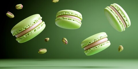Poster - Series of green pastries with nuts on top are flying through the air. Concept of lightness and playfulness, as if the pastries are dancing in the air