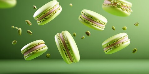Poster - Series of green pastries with nuts on top are flying through the air. Concept of lightness and playfulness, as if the pastries are dancing in the air