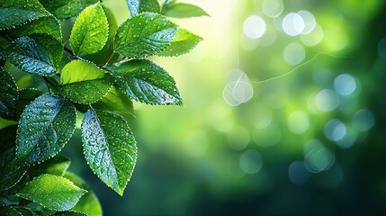 Wall Mural - lush green leaves glistening with raindrops under dappled sunlight in a serene forest setting